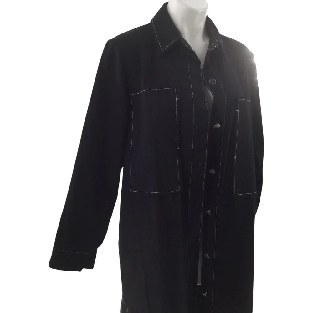 The Weeknd  Black Denim Contrast White Stitch Long Trench Coat